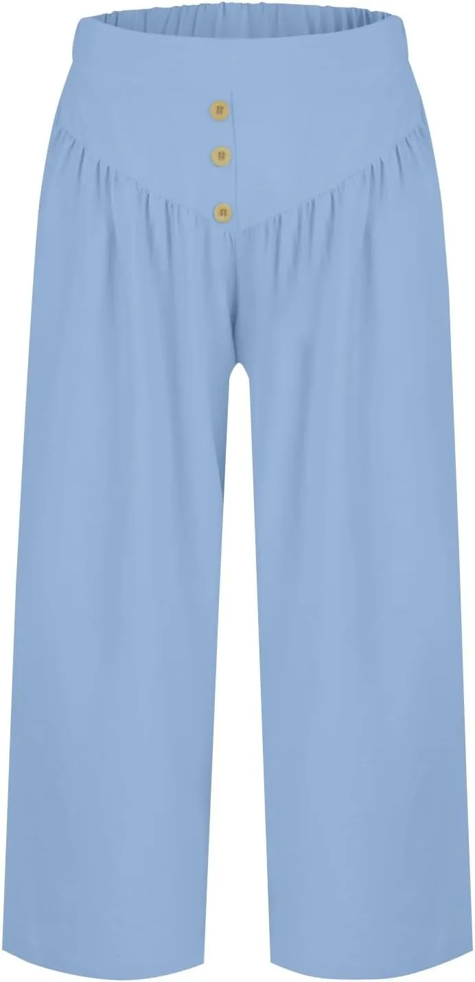 Wide Leg Linen Pants for Women Trendy High Waisted Cropped Culottes Casual Loose Capri Palazzo Pants with Pockets