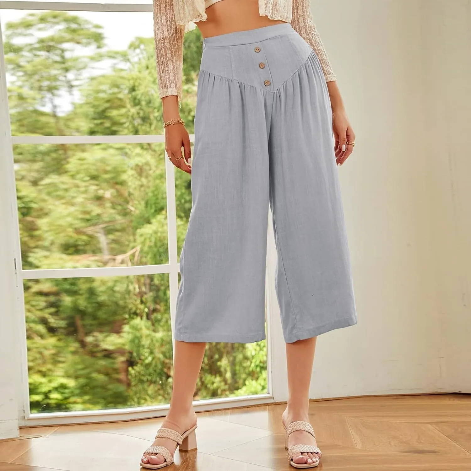 Wide Leg Linen Pants for Women Trendy High Waisted Cropped Culottes Casual Loose Capri Palazzo Pants with Pockets