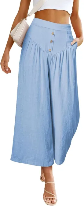 Wide Leg Linen Pants for Women Trendy High Waisted Cropped Culottes Casual Loose Capri Palazzo Pants with Pockets