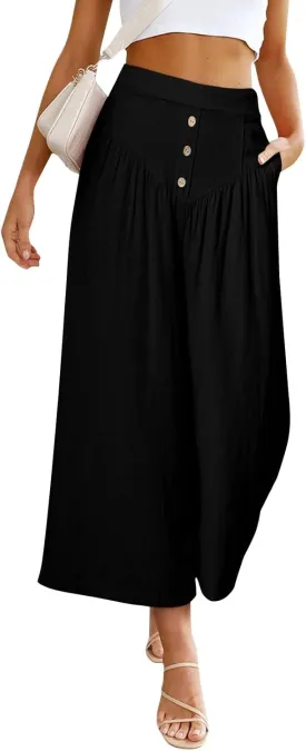 Wide Leg Linen Pants for Women Trendy High Waisted Cropped Culottes Casual Loose Capri Palazzo Pants with Pockets