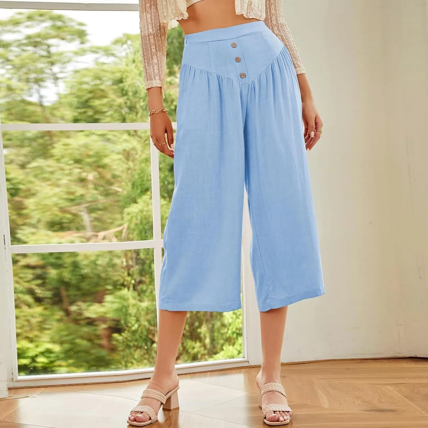 Wide Leg Linen Pants for Women Trendy High Waisted Cropped Culottes Casual Loose Capri Palazzo Pants with Pockets