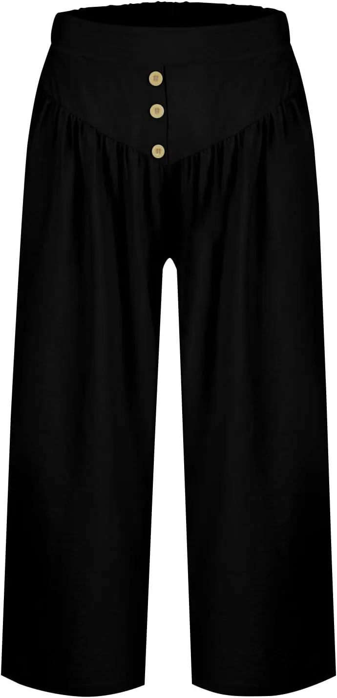 Wide Leg Linen Pants for Women Trendy High Waisted Cropped Culottes Casual Loose Capri Palazzo Pants with Pockets