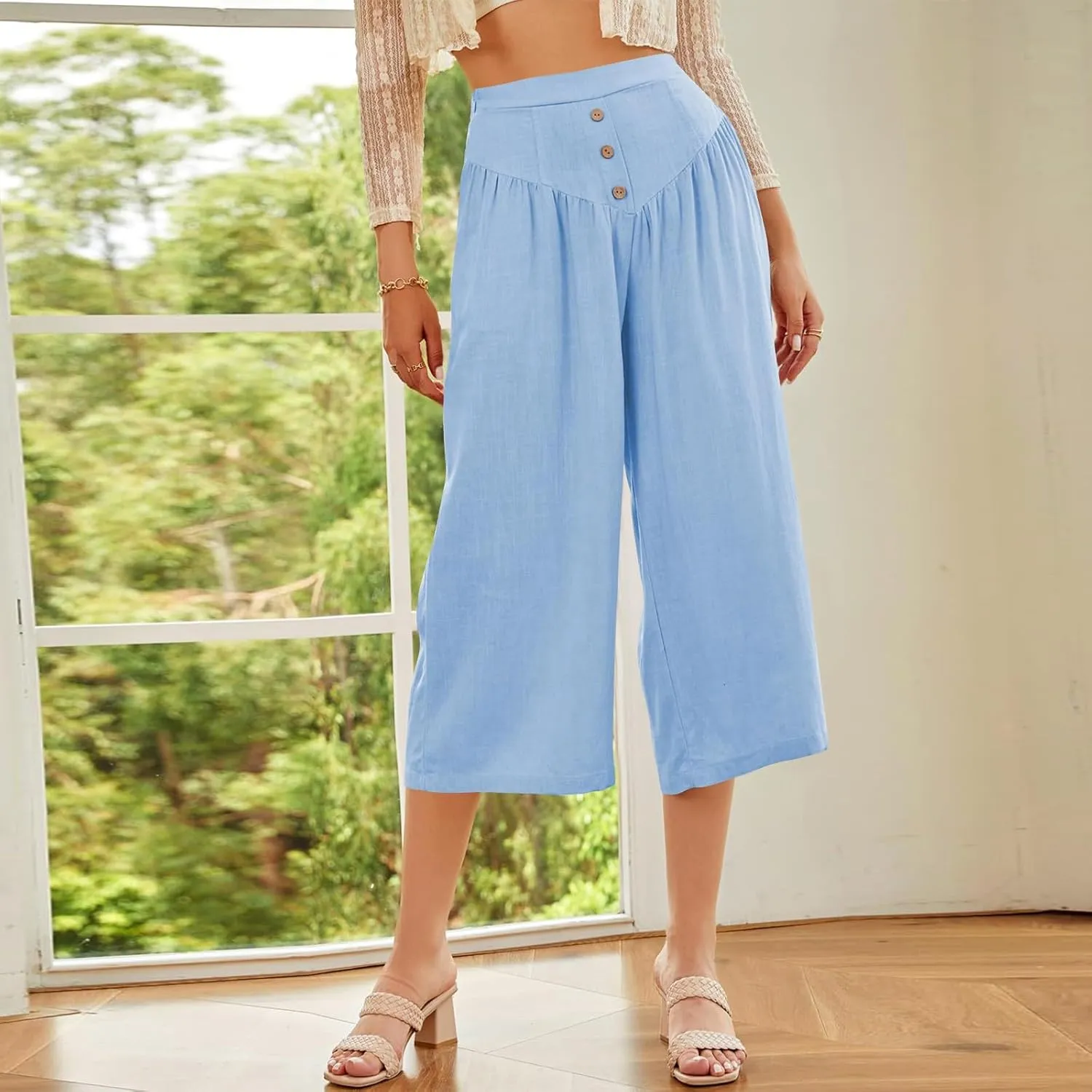 Wide Leg Linen Pants for Women Trendy High Waisted Cropped Culottes Casual Loose Capri Palazzo Pants with Pockets