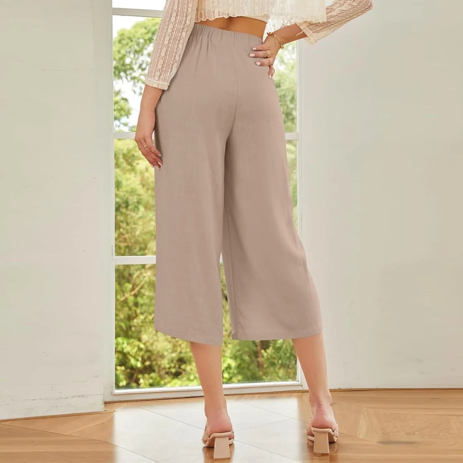 Wide Leg Linen Pants for Women Trendy High Waisted Cropped Culottes Casual Loose Capri Palazzo Pants with Pockets