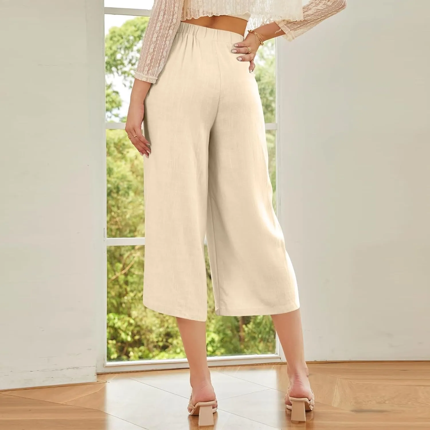 Wide Leg Linen Pants for Women Trendy High Waisted Cropped Culottes Casual Loose Capri Palazzo Pants with Pockets