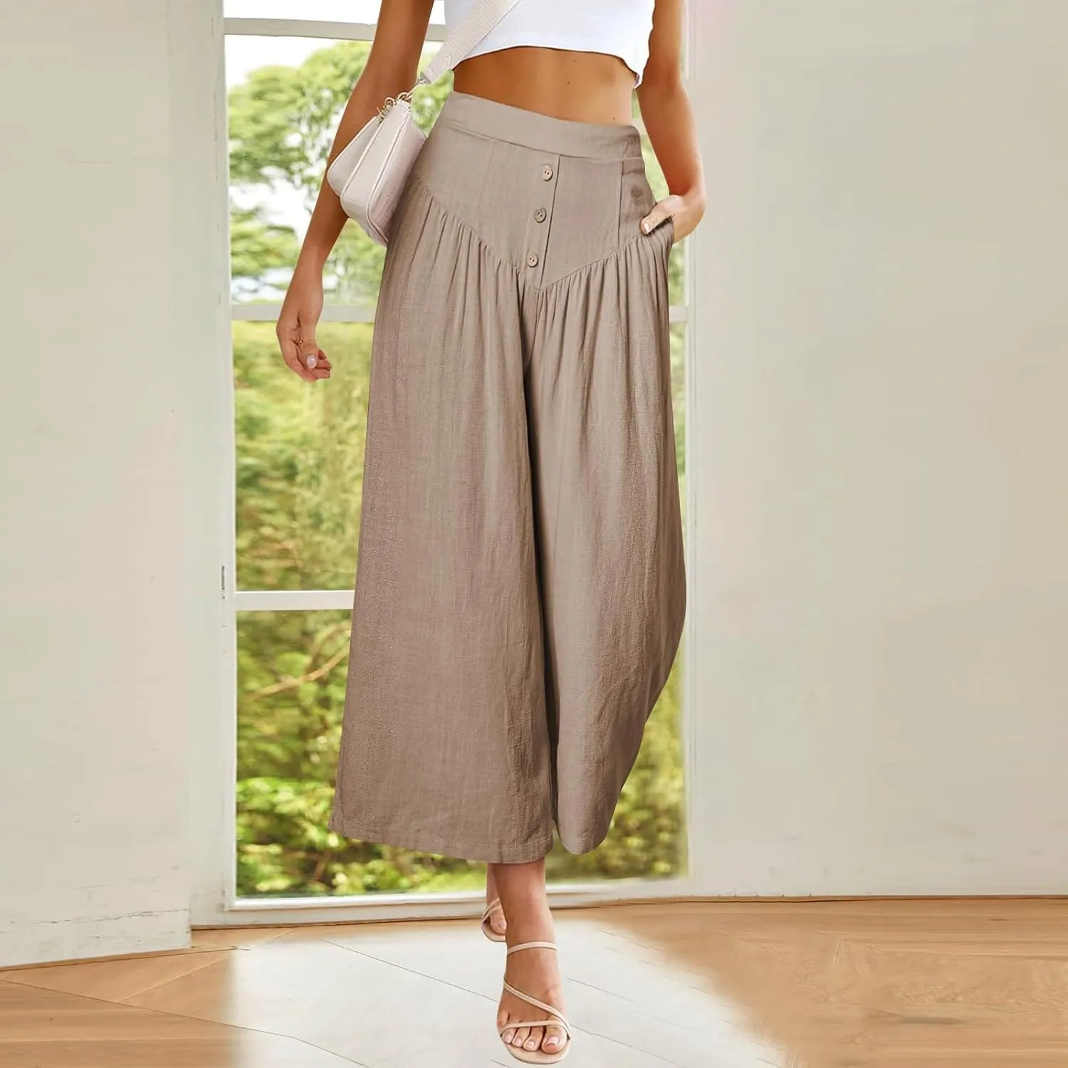 Wide Leg Linen Pants for Women Trendy High Waisted Cropped Culottes Casual Loose Capri Palazzo Pants with Pockets