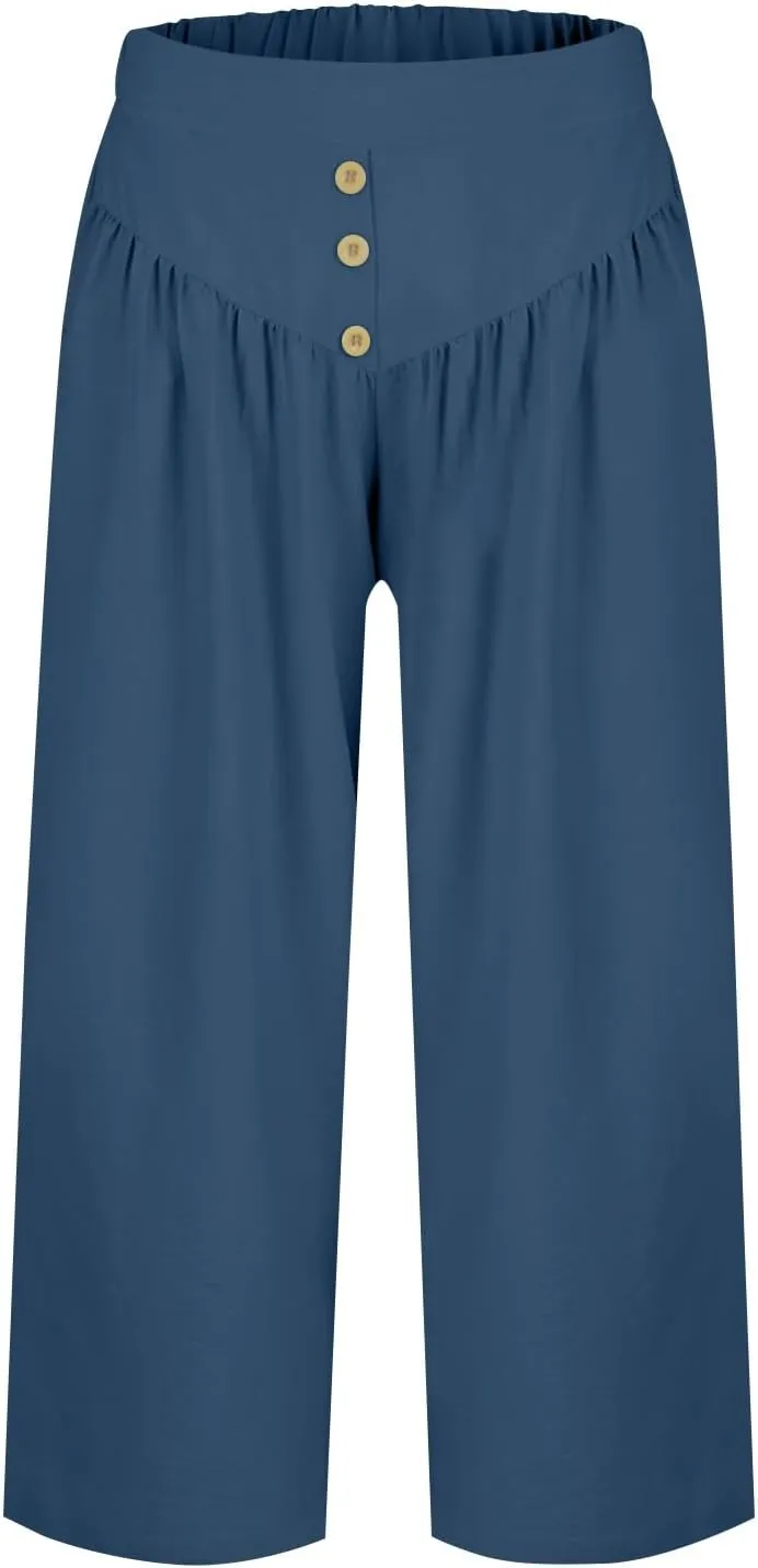 Wide Leg Linen Pants for Women Trendy High Waisted Cropped Culottes Casual Loose Capri Palazzo Pants with Pockets