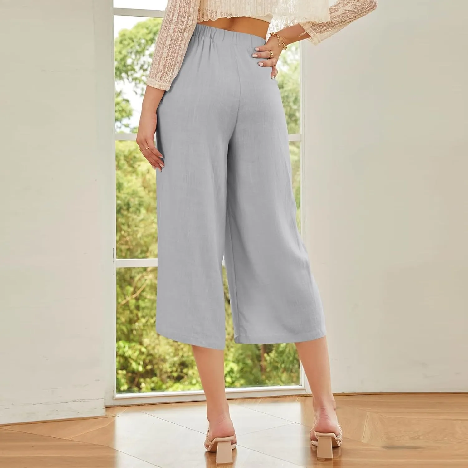 Wide Leg Linen Pants for Women Trendy High Waisted Cropped Culottes Casual Loose Capri Palazzo Pants with Pockets