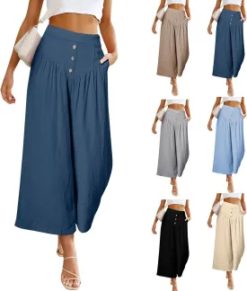 Wide Leg Linen Pants for Women Trendy High Waisted Cropped Culottes Casual Loose Capri Palazzo Pants with Pockets