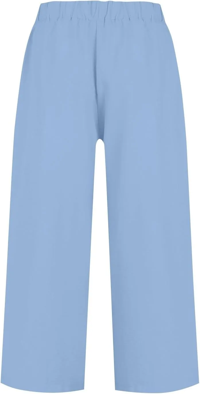 Wide Leg Linen Pants for Women Trendy High Waisted Cropped Culottes Casual Loose Capri Palazzo Pants with Pockets