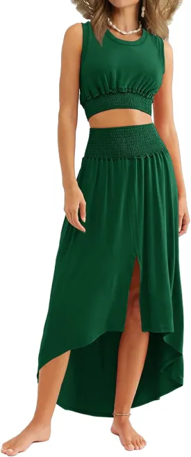 WIHOLL Womens 2 Piece Summer Outfits Crew Neck Croptops Casual Split Vacation Maxi Skirt Dress Set