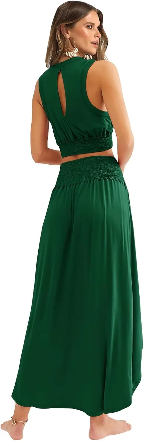 WIHOLL Womens 2 Piece Summer Outfits Crew Neck Croptops Casual Split Vacation Maxi Skirt Dress Set