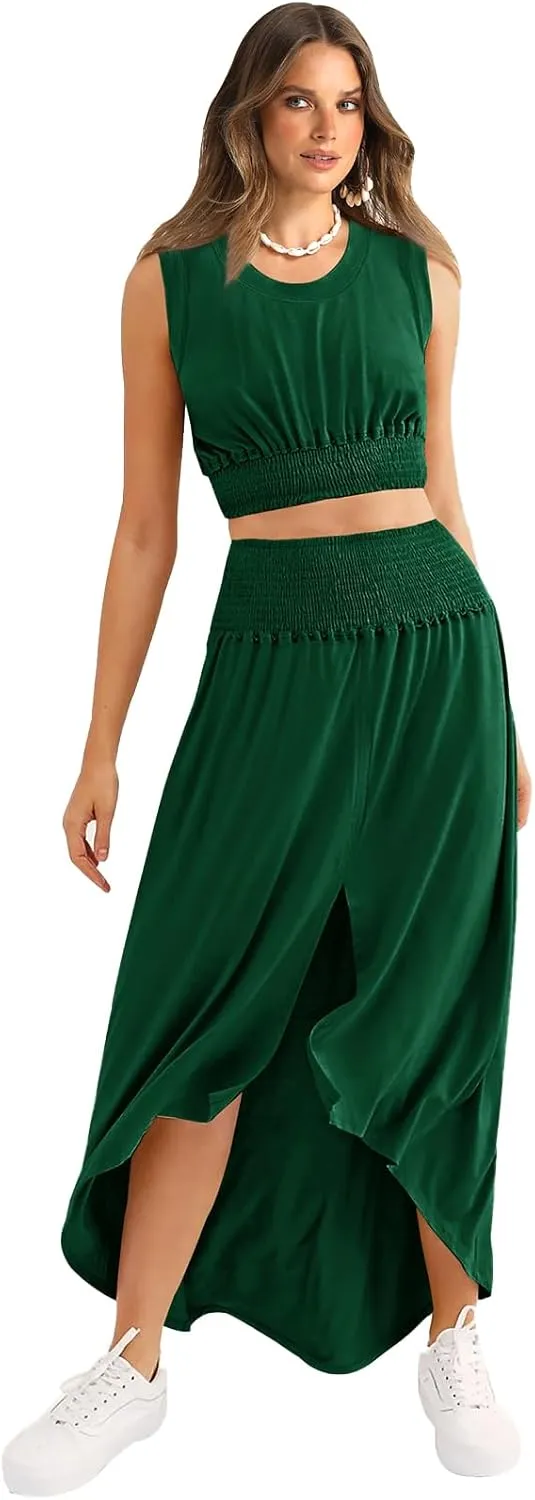 WIHOLL Womens 2 Piece Summer Outfits Crew Neck Croptops Casual Split Vacation Maxi Skirt Dress Set