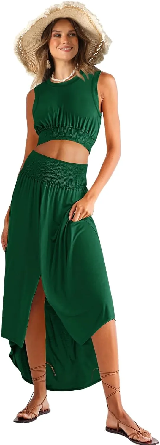 WIHOLL Womens 2 Piece Summer Outfits Crew Neck Croptops Casual Split Vacation Maxi Skirt Dress Set