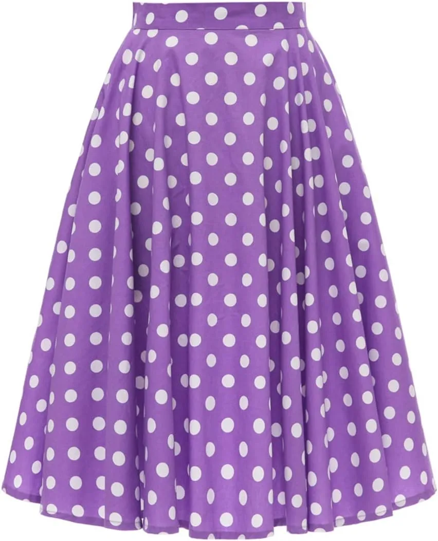 Women 50s Vintage Polka Dot A Line Pleated Midi Skirt Floral Cherry Cocktail Swing Skirt High Waist Knee Length Flared Skirt