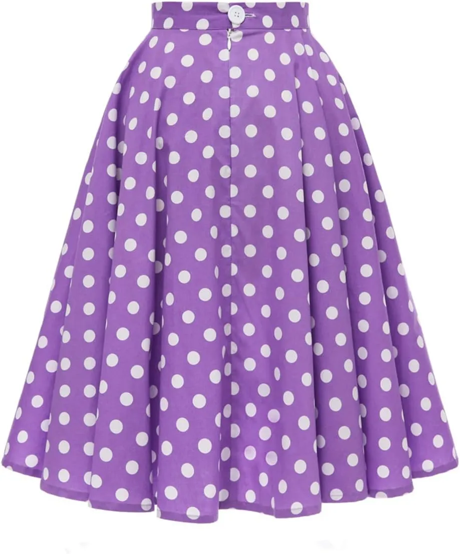 Women 50s Vintage Polka Dot A Line Pleated Midi Skirt Floral Cherry Cocktail Swing Skirt High Waist Knee Length Flared Skirt