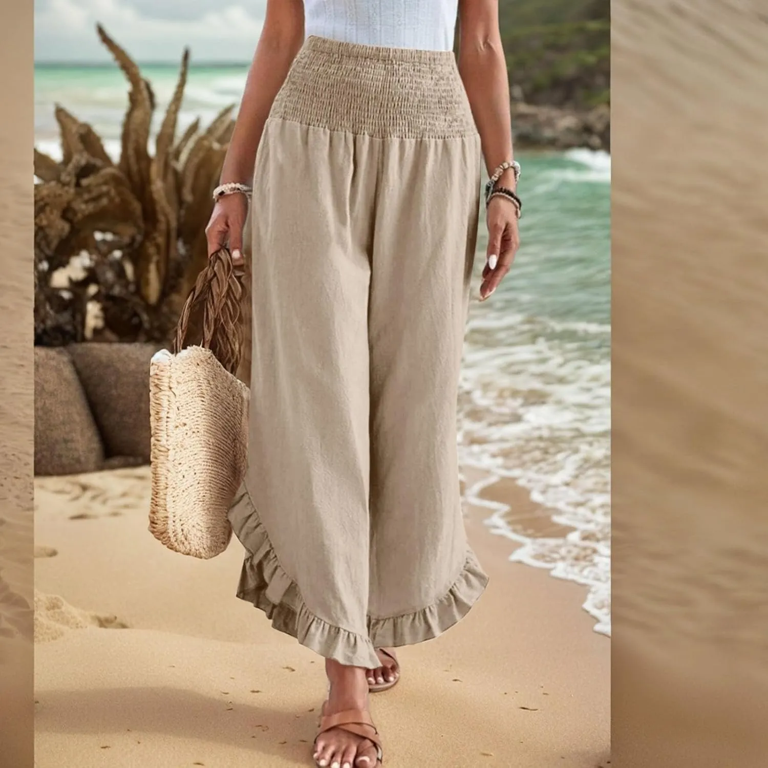 Women Linen Pants Wide Leg Smocked Waist Ruffle Hem Palazzo Pant Summer Boho Flowy Beach Trousers with Pockets