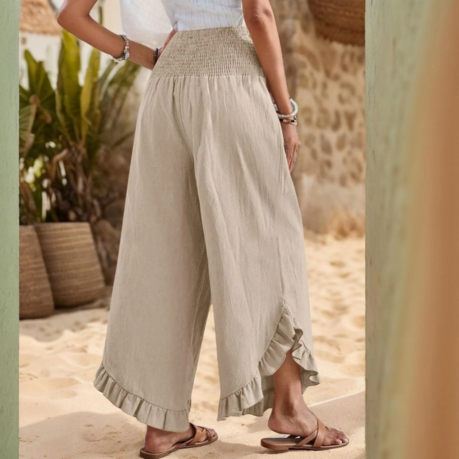 Women Linen Pants Wide Leg Smocked Waist Ruffle Hem Palazzo Pant Summer Boho Flowy Beach Trousers with Pockets