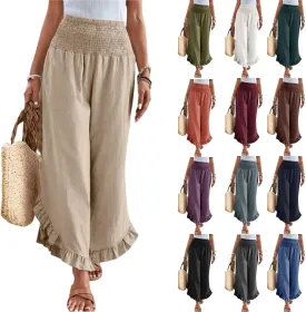 Women Linen Pants Wide Leg Smocked Waist Ruffle Hem Palazzo Pant Summer Boho Flowy Beach Trousers with Pockets