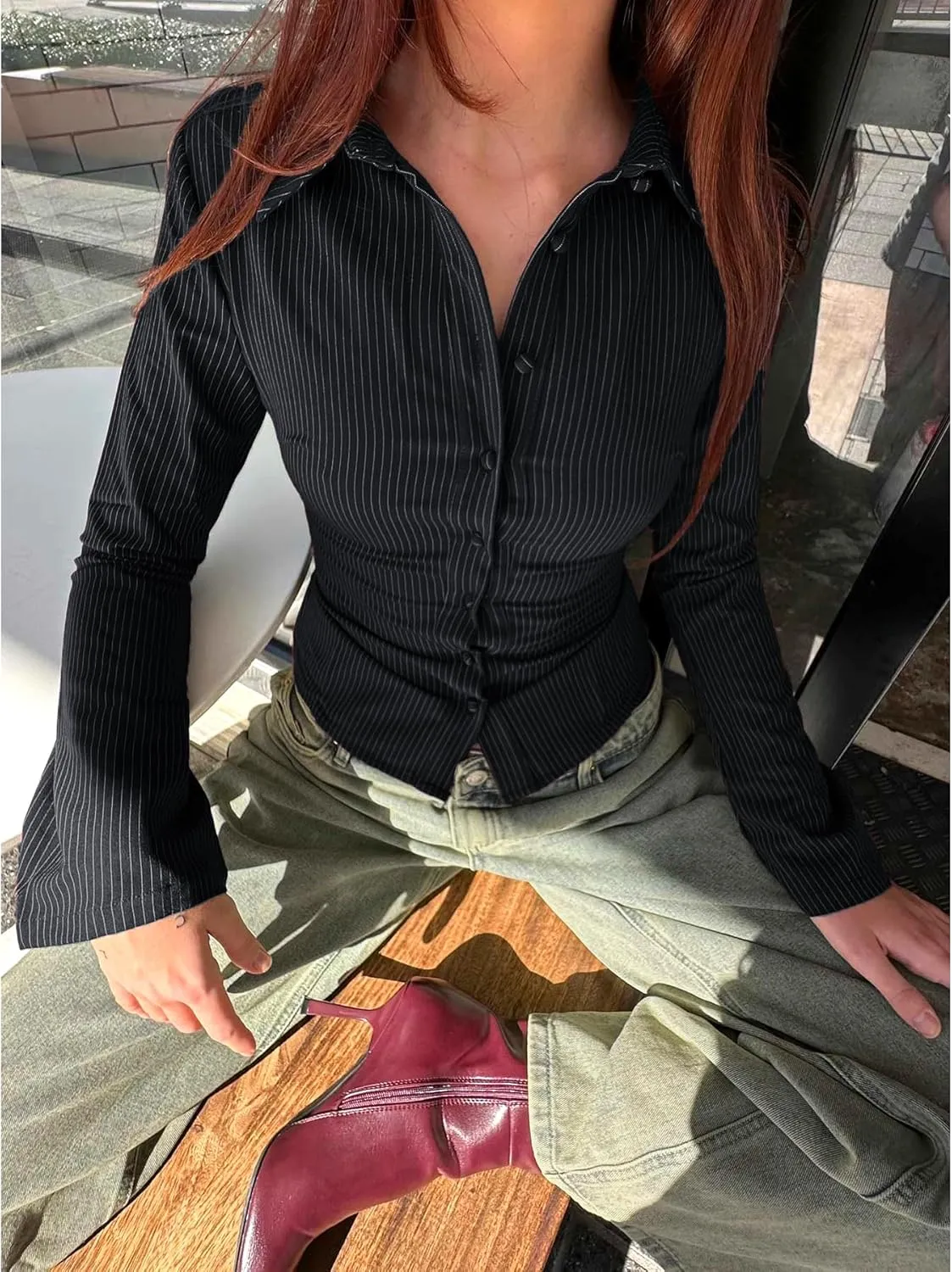 Women Striped Fitted Button Down Shirts Bell Long Sleeve Shirt Office Work Blouse Tops