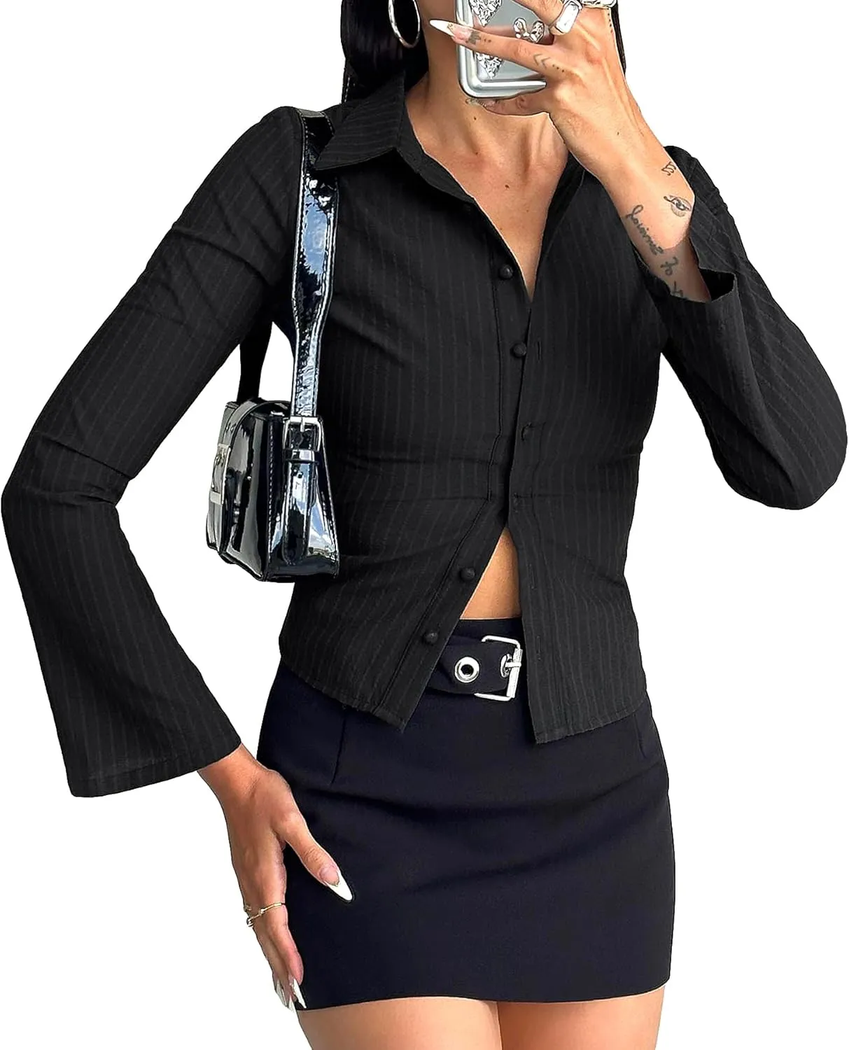 Women Striped Fitted Button Down Shirts Bell Long Sleeve Shirt Office Work Blouse Tops