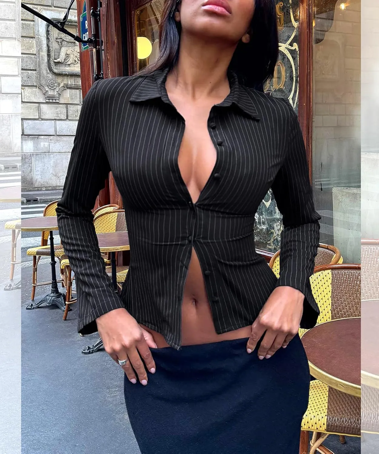 Women Striped Fitted Button Down Shirts Bell Long Sleeve Shirt Office Work Blouse Tops