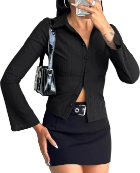 Women Striped Fitted Button Down Shirts Bell Long Sleeve Shirt Office Work Blouse Tops