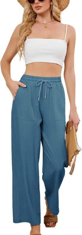 Women Summer Wide Leg Linen Pants Casual Palazzo Pant Cotton Lounge Beach Trousers with Pockets