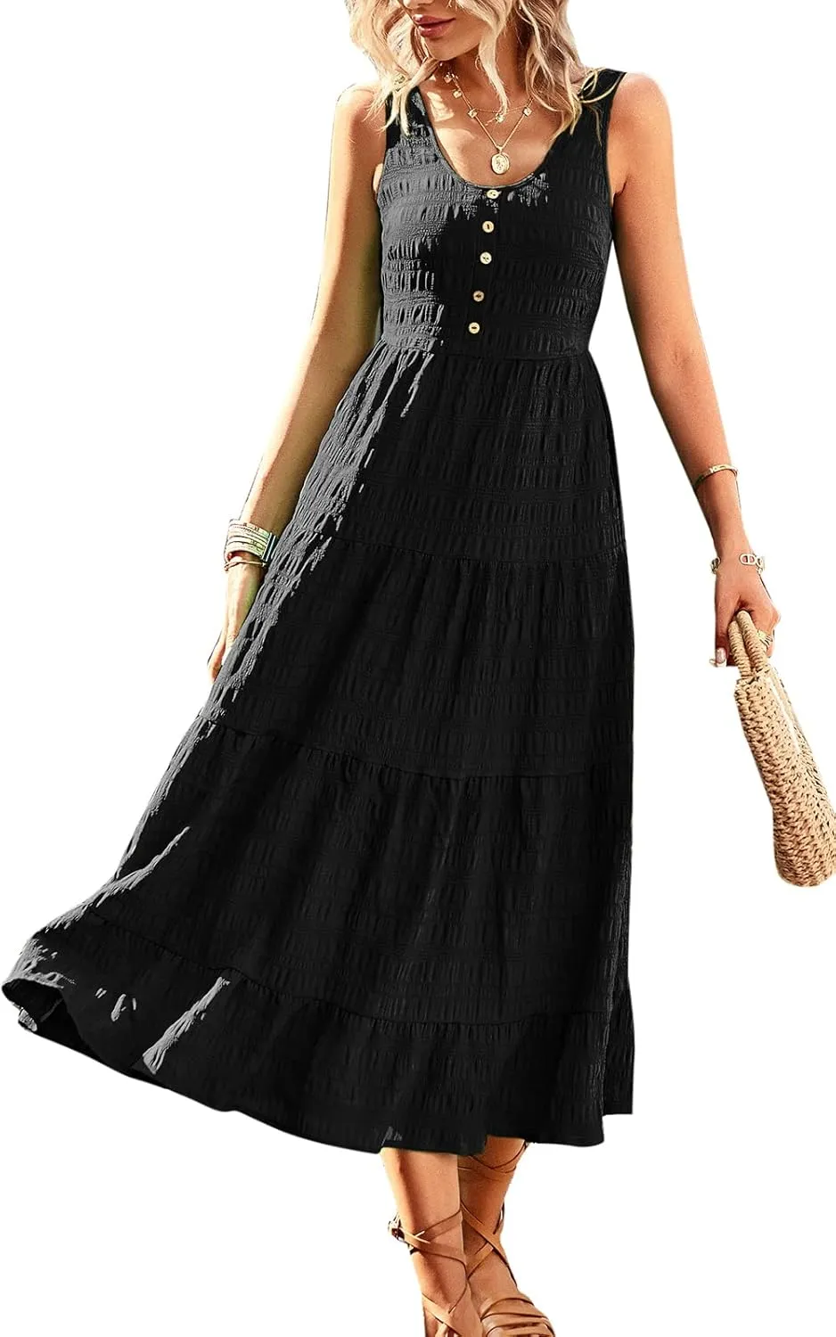 Women's Casual Summer Dress Loose Sleeveless Tank Dresses Smocked Tiered Flowy Midi Sundress with Pockets
