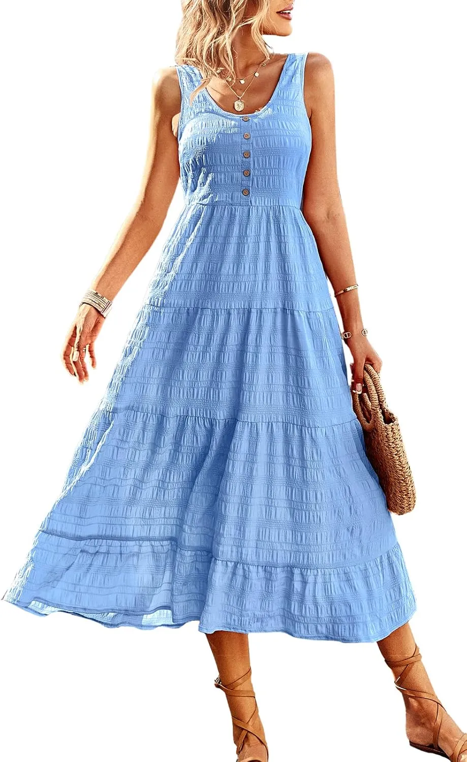 Women's Casual Summer Dress Loose Sleeveless Tank Dresses Smocked Tiered Flowy Midi Sundress with Pockets