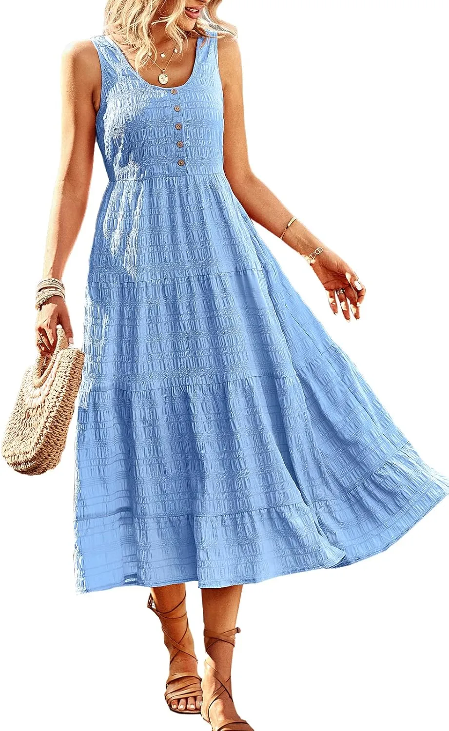 Women's Casual Summer Dress Loose Sleeveless Tank Dresses Smocked Tiered Flowy Midi Sundress with Pockets