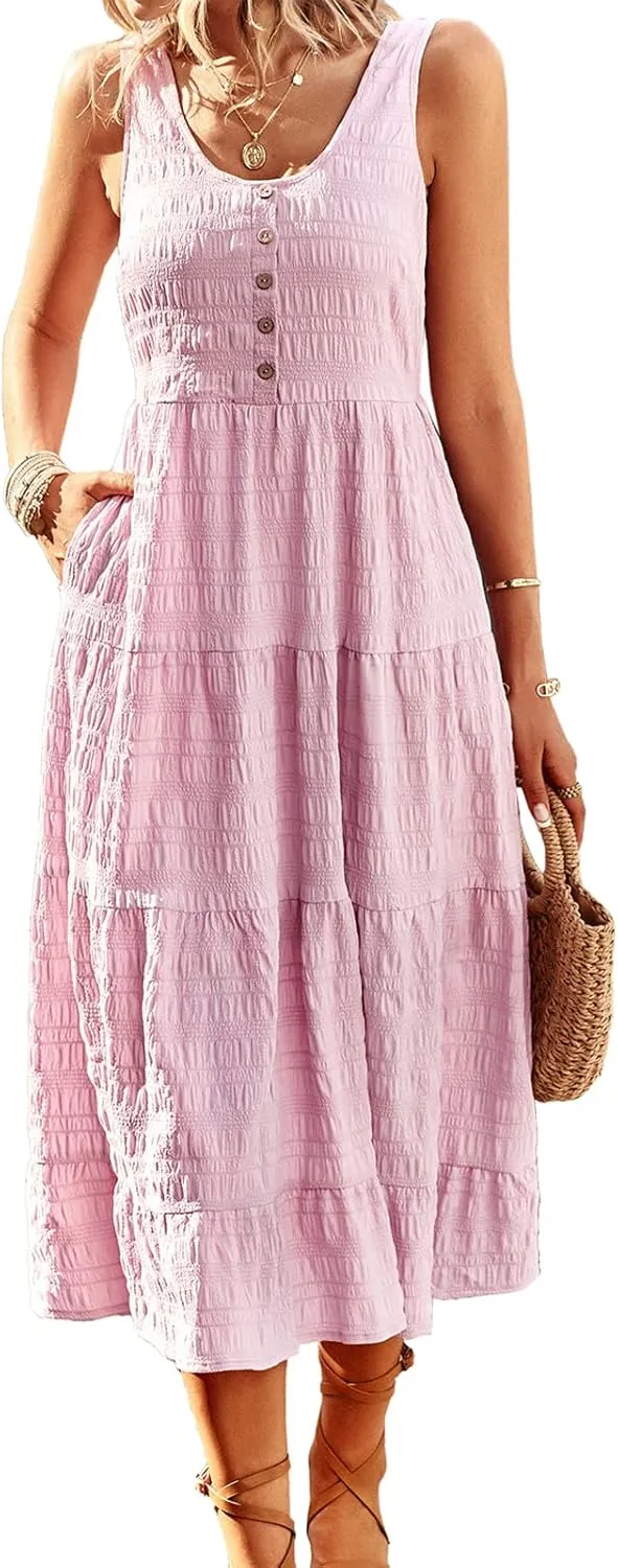 Women's Casual Summer Dress Loose Sleeveless Tank Dresses Smocked Tiered Flowy Midi Sundress with Pockets