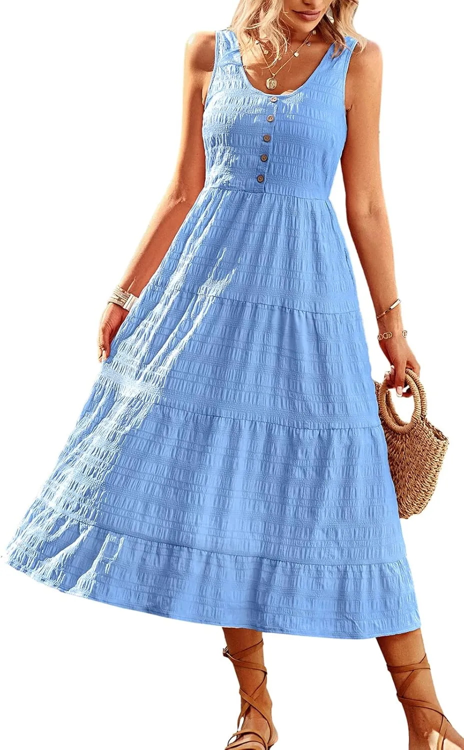 Women's Casual Summer Dress Loose Sleeveless Tank Dresses Smocked Tiered Flowy Midi Sundress with Pockets