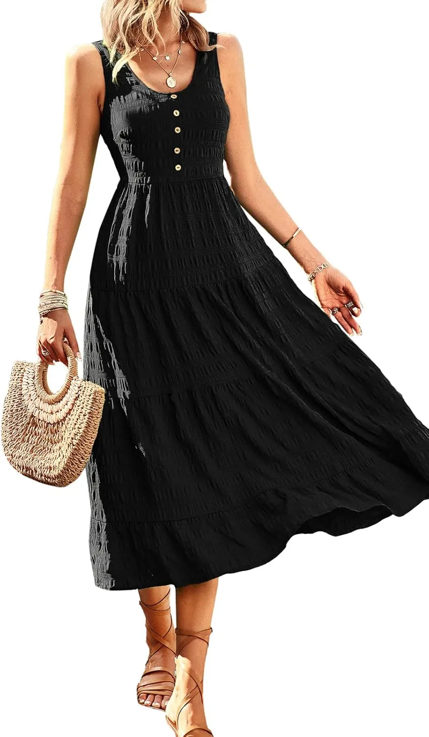 Women's Casual Summer Dress Loose Sleeveless Tank Dresses Smocked Tiered Flowy Midi Sundress with Pockets