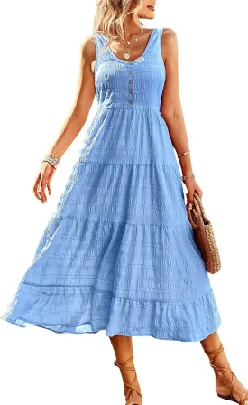 Women's Casual Summer Dress Loose Sleeveless Tank Dresses Smocked Tiered Flowy Midi Sundress with Pockets