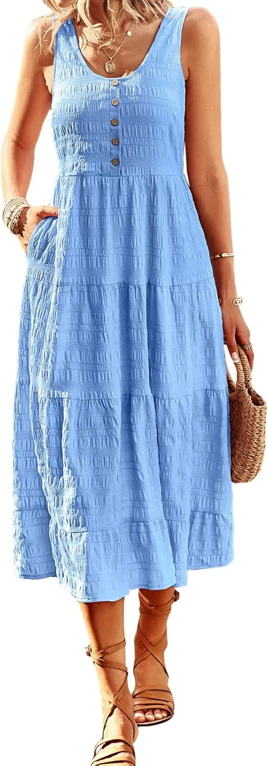Women's Casual Summer Dress Loose Sleeveless Tank Dresses Smocked Tiered Flowy Midi Sundress with Pockets