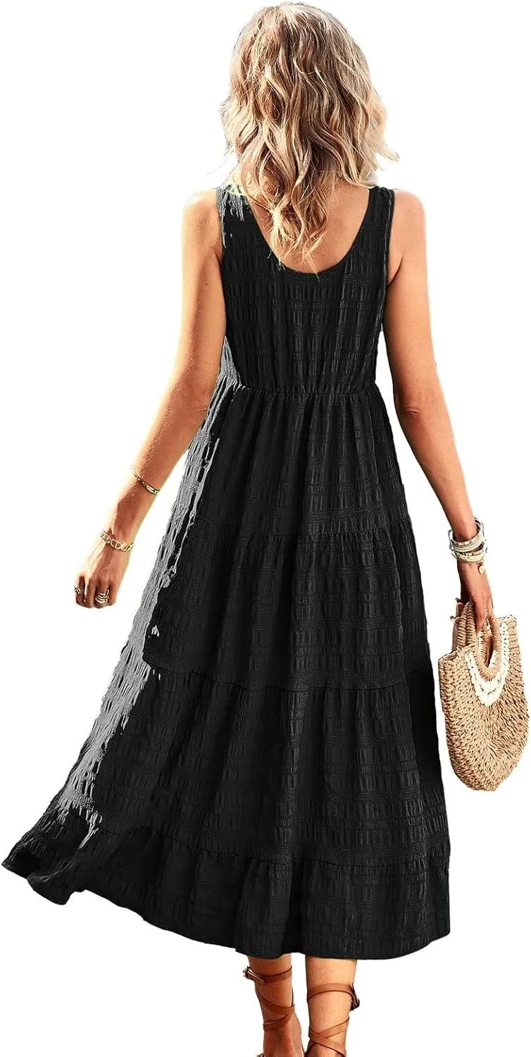 Women's Casual Summer Dress Loose Sleeveless Tank Dresses Smocked Tiered Flowy Midi Sundress with Pockets