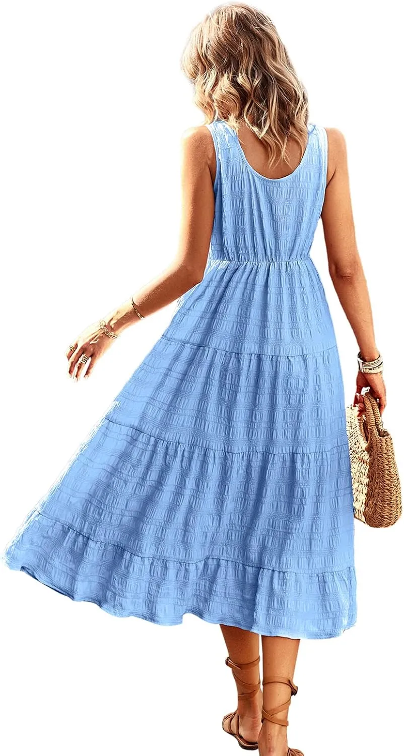 Women's Casual Summer Dress Loose Sleeveless Tank Dresses Smocked Tiered Flowy Midi Sundress with Pockets