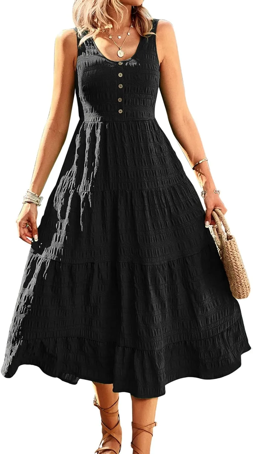 Women's Casual Summer Dress Loose Sleeveless Tank Dresses Smocked Tiered Flowy Midi Sundress with Pockets