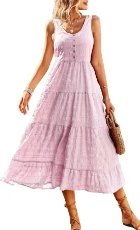 Women's Casual Summer Dress Loose Sleeveless Tank Dresses Smocked Tiered Flowy Midi Sundress with Pockets