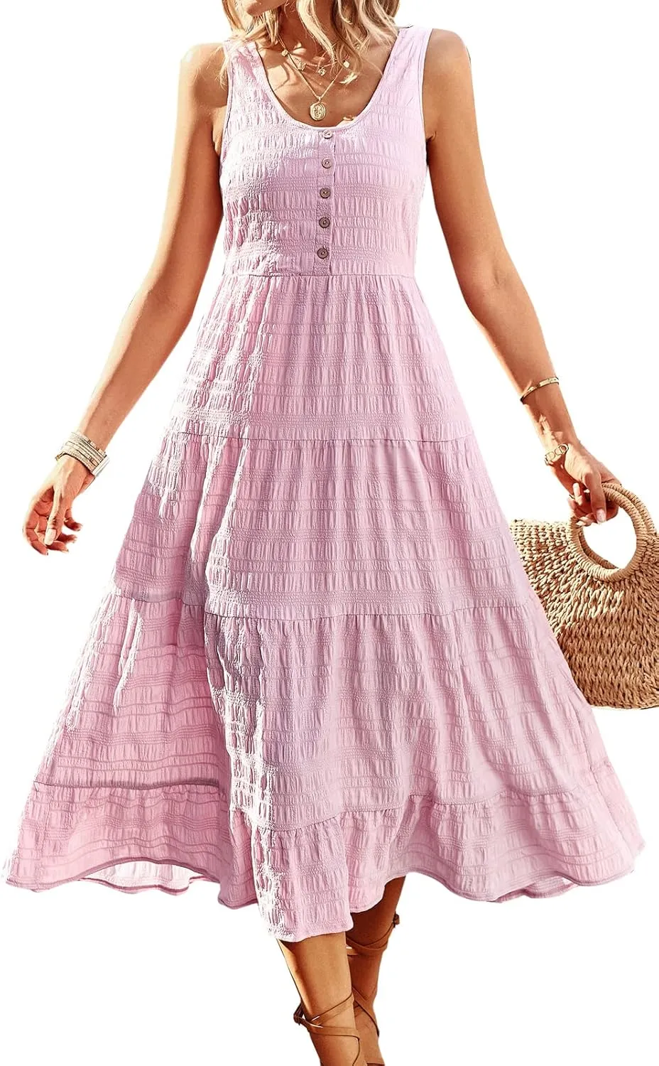 Women's Casual Summer Dress Loose Sleeveless Tank Dresses Smocked Tiered Flowy Midi Sundress with Pockets