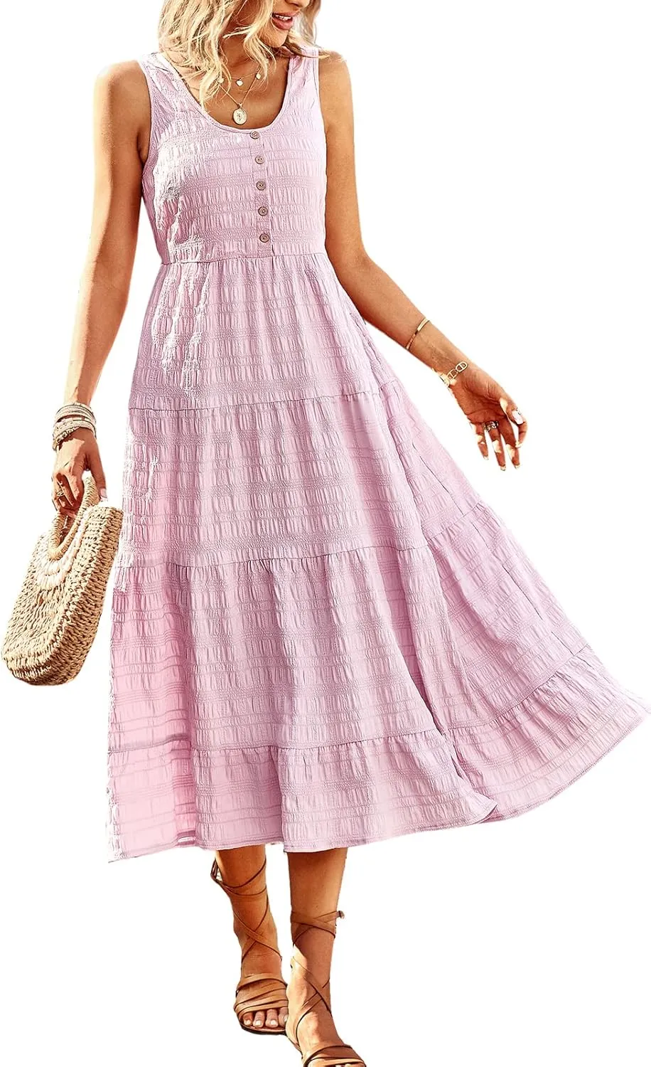 Women's Casual Summer Dress Loose Sleeveless Tank Dresses Smocked Tiered Flowy Midi Sundress with Pockets