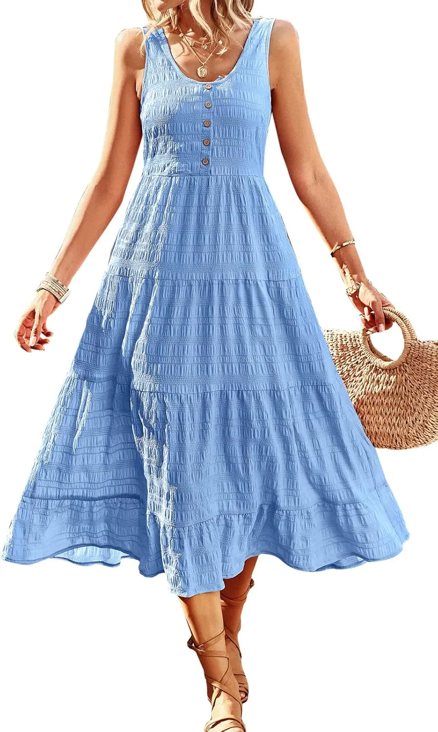 Women's Casual Summer Dress Loose Sleeveless Tank Dresses Smocked Tiered Flowy Midi Sundress with Pockets