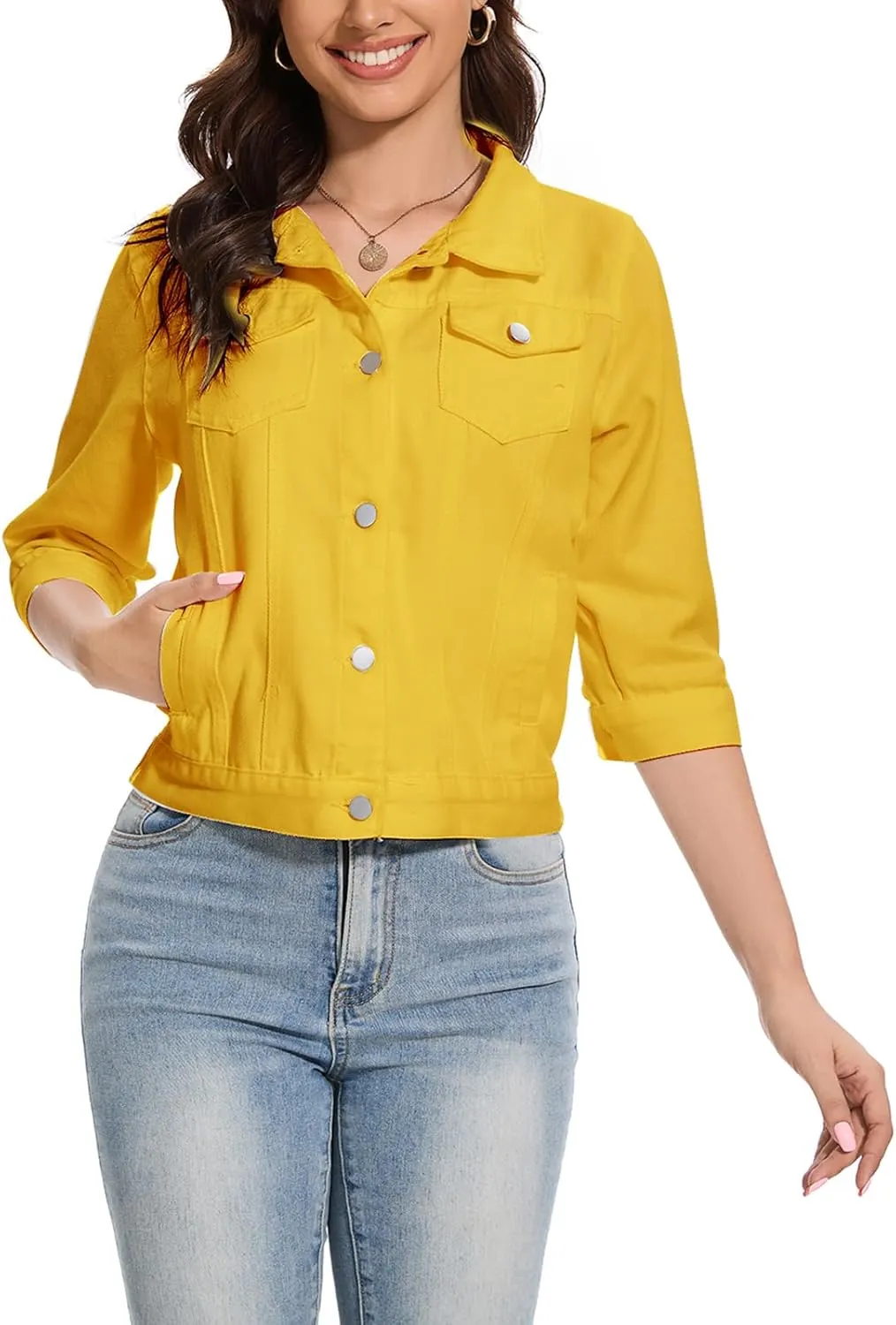 Women's Cropped Denim Jacket Lapel Stretch Jean Coat Button 2025 Trendy 3/4 Sleeve Short Denim Jackets