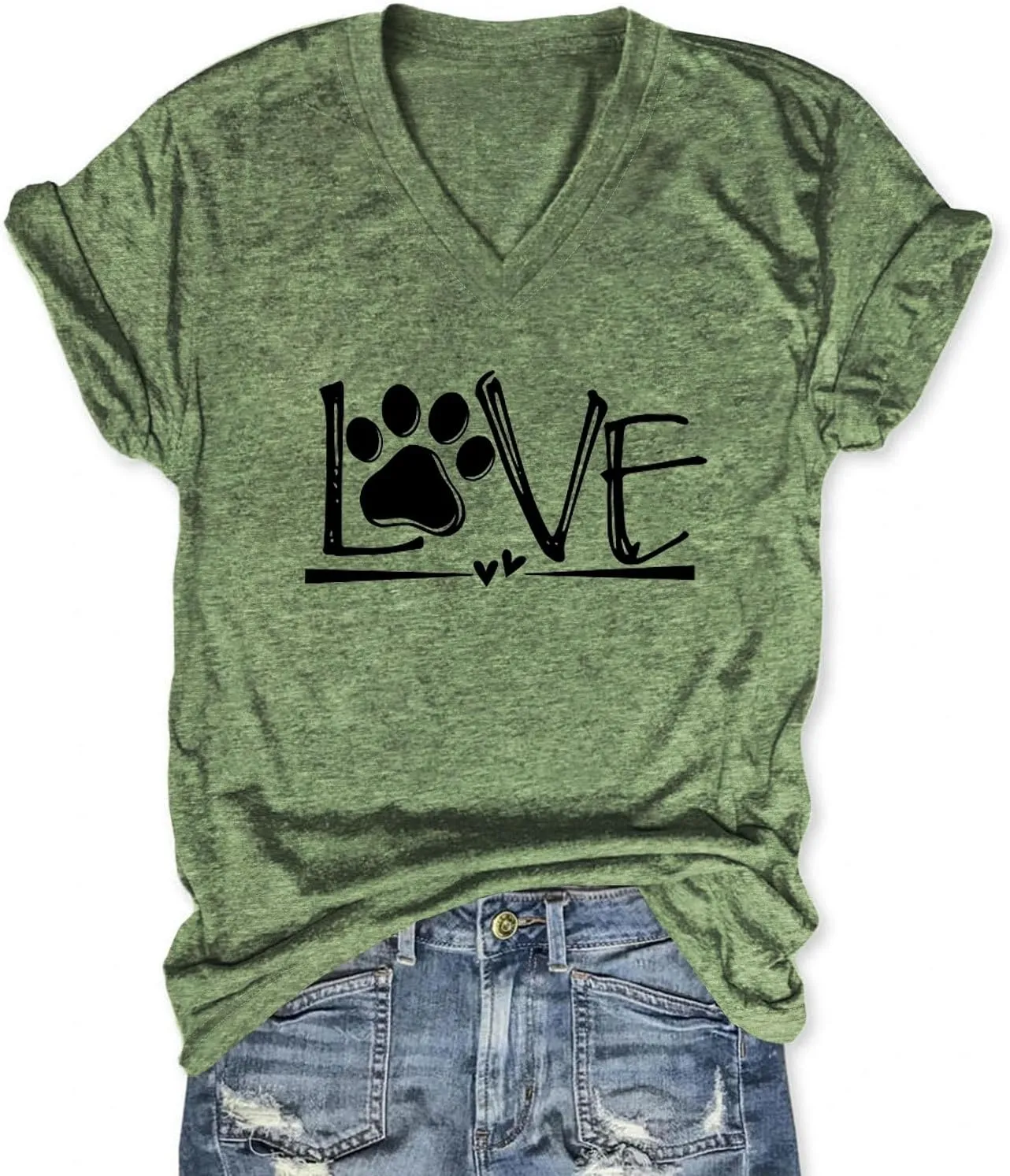Womens Dog Paw V-Neck T Shirts Short Sleeve Love Letter Printed Casual Tops Cute Summer Clothes Trendy Graphic Tee