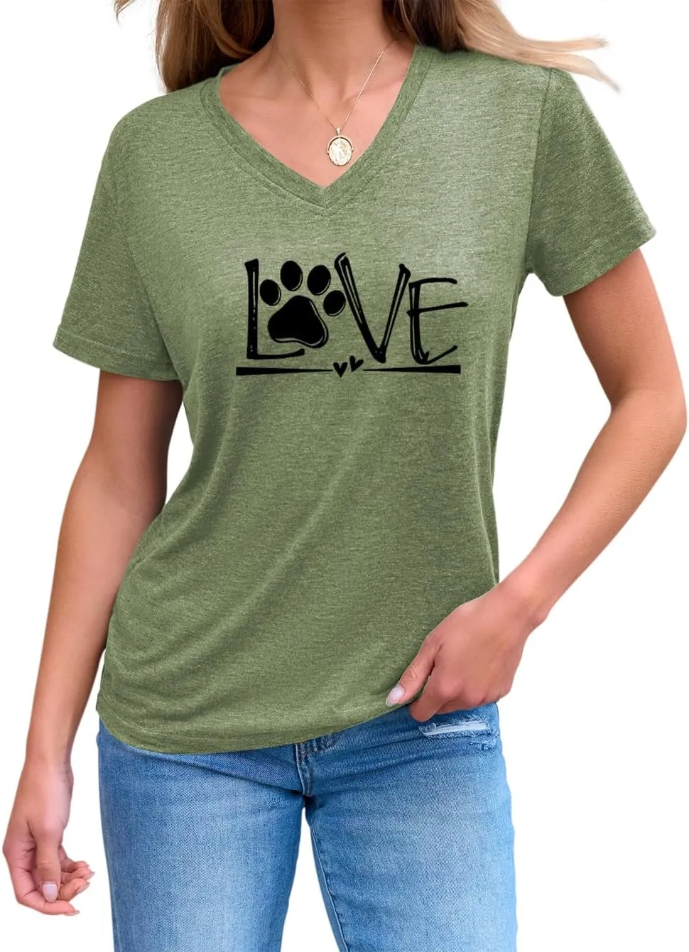 Womens Dog Paw V-Neck T Shirts Short Sleeve Love Letter Printed Casual Tops Cute Summer Clothes Trendy Graphic Tee