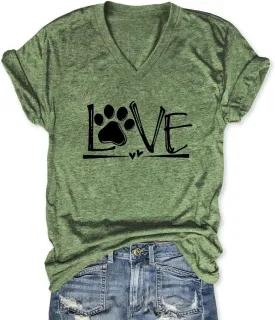 Womens Dog Paw V-Neck T Shirts Short Sleeve Love Letter Printed Casual Tops Cute Summer Clothes Trendy Graphic Tee