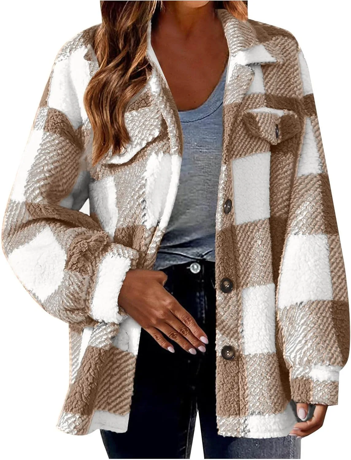 Womens Fleece Plaid Shackets Lapel Button Down Jackets Casual Long Sleeve Flannel Shirts Trendy Clothes Fall Winter