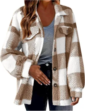 Womens Fleece Plaid Shackets Lapel Button Down Jackets Casual Long Sleeve Flannel Shirts Trendy Clothes Fall Winter