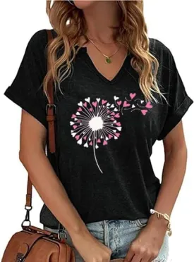Women's Floral T-Shirts V-Neck Dandelion Sun Flower Graphic Casual Tee Boho Tops Cute Wildflowers Shirts